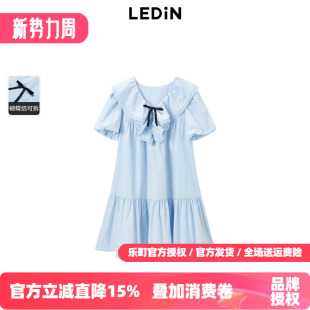 蓝色短袖 新款 乐町V领荷叶边娃娃裙春季 裙C1FAE3147 商场同款