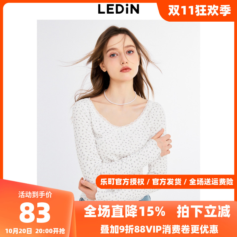 乐町小碎花蕾丝花边长袖T恤秋季新款修身显瘦纯欲性感打底衫