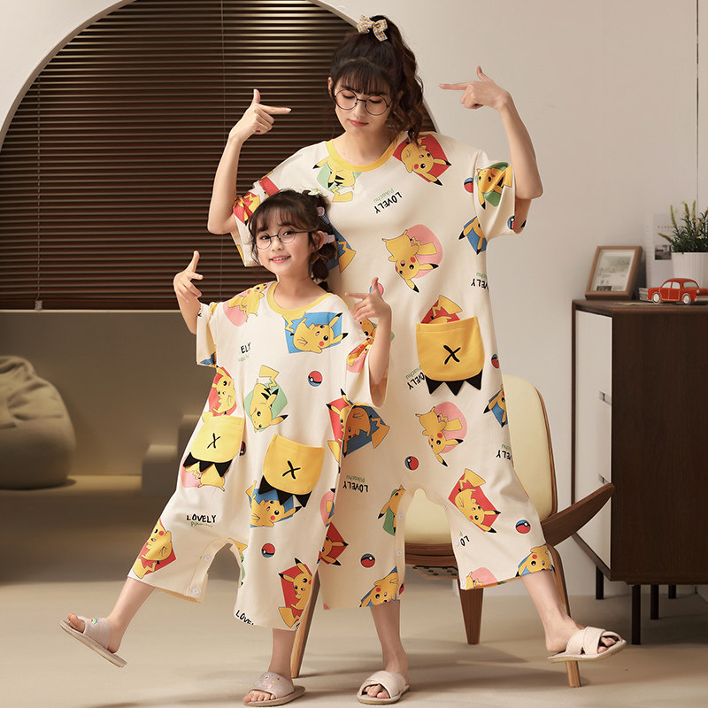 母女连体睡裙儿童夏季宝可梦短袖家居服连体衣