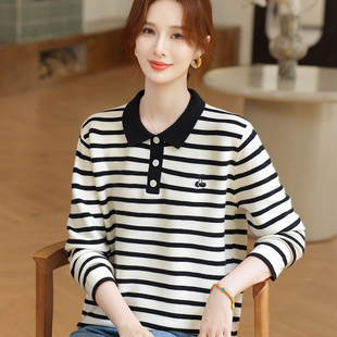 T恤打底衫 妈妈款 中年女长袖 翻领上衣 50岁60中老年人春秋毛衣 秋装