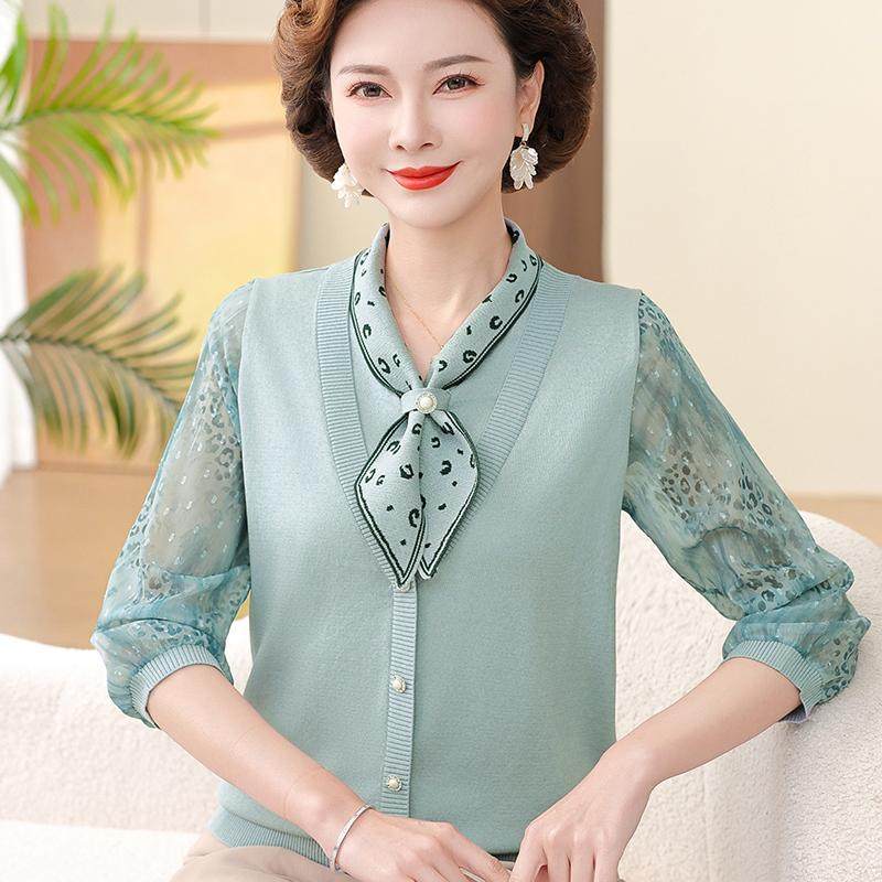 妈妈春装纱袖洋气针织打底小衫中老年人女夏季时尚薄款七分袖T恤
