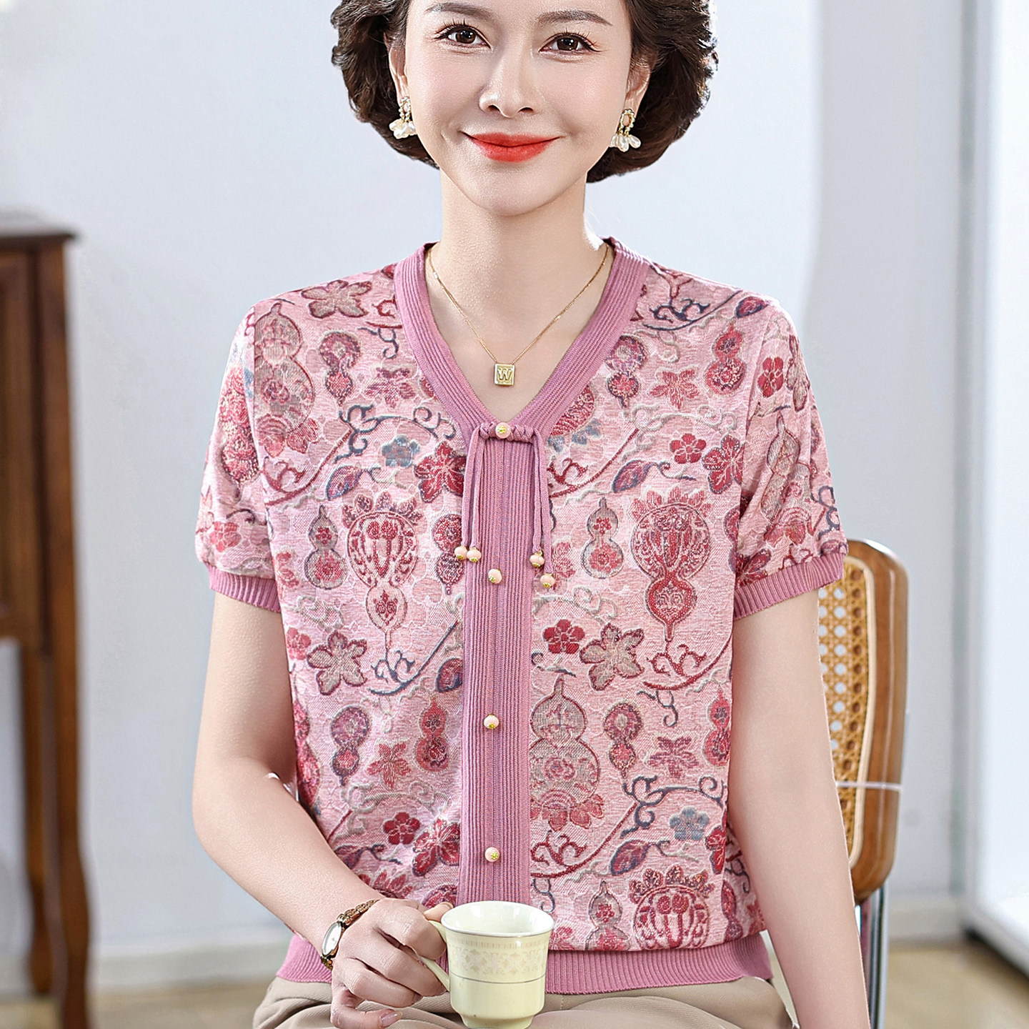 新中式妈妈夏短袖T恤母亲节上衣图片