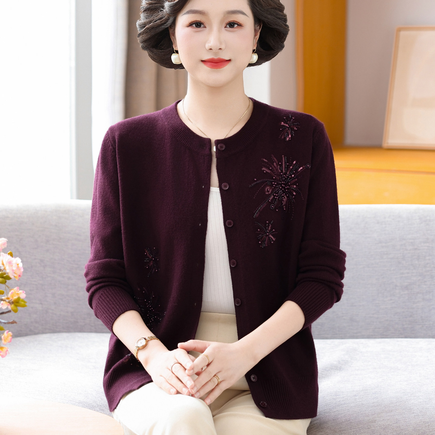 中老年女秋装针织薄开衫洋气毛衫外衣50岁妈妈装春秋毛衣短款外套
