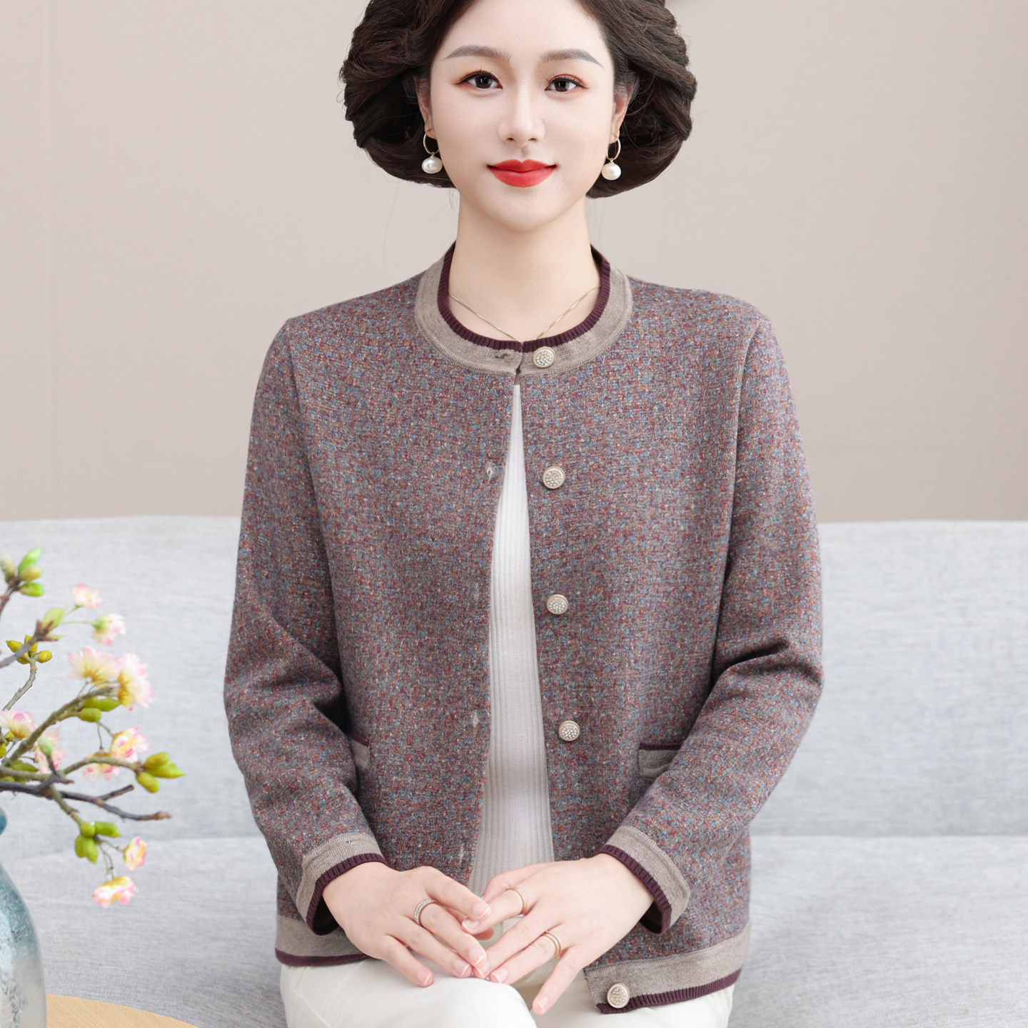 妈妈装秋装新款小香风开衫外套图片