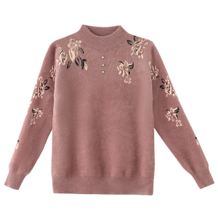 妈妈2025年新款秋冬季款仿水貂绒加厚毛衣中年保暖上衣洋气打底衫