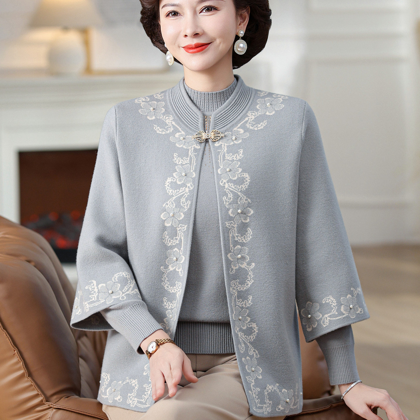 妈妈秋装新中式上衣女两件套针织开衫洋气中老年女士春秋毛衣外套,女装/女士精品,中老年女装,淘宝优惠券,粉丝福利购,淘宝优惠卷