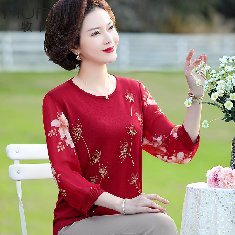 妈妈装2021新款夏季洋气中老年女T恤衬衫中年春秋打底雪纺袖上衣