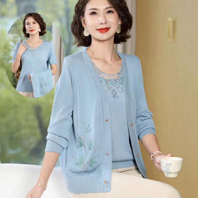 两件套妈妈装夏装针织开衫短袖
