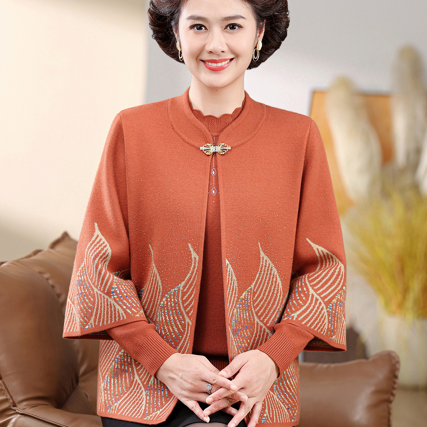 妈妈秋冬装加绒毛衣针织开衫外套中老年女装喜婆婆婚宴两件套上衣,女装/女士精品,中老年女装,淘宝优惠券,粉丝福利购,淘宝优惠卷