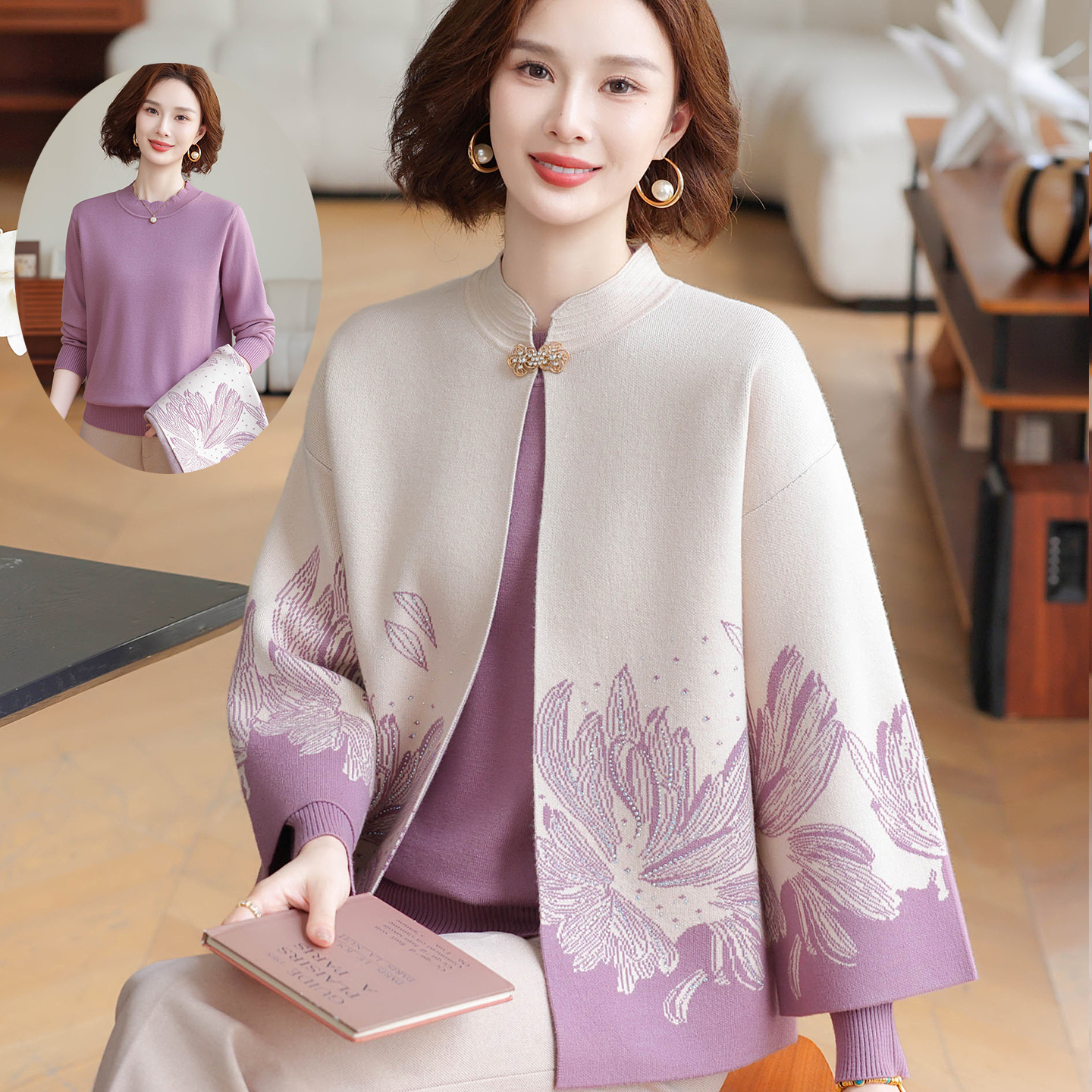 妈妈秋装中式衣服红色针织两件套