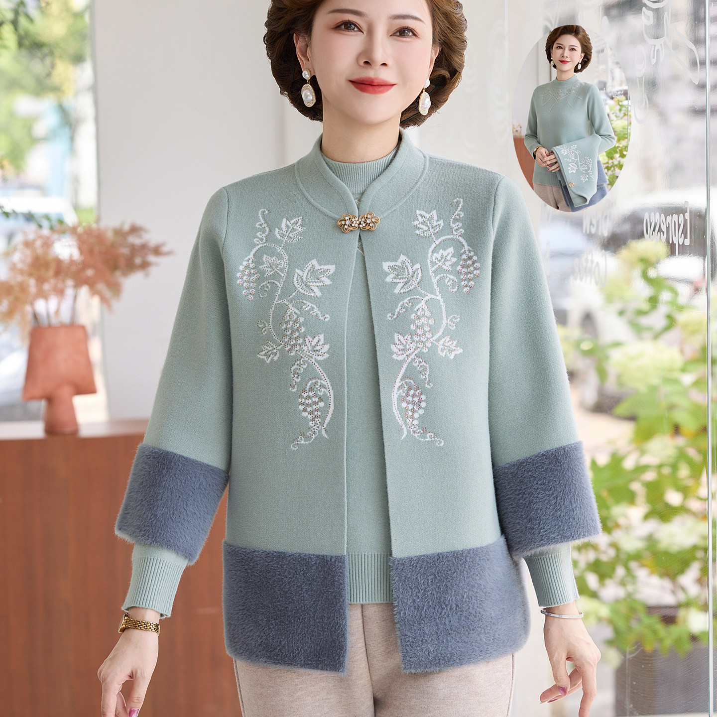 中老年女装秋冬毛衣开衫国风外套图片
