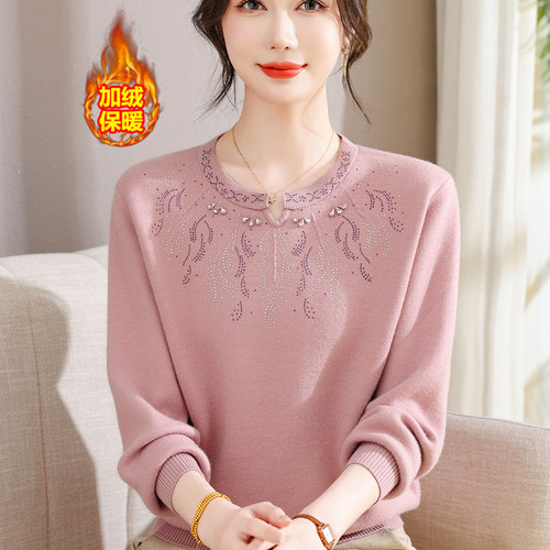 妈妈冬装新款加绒加厚圆领毛衣