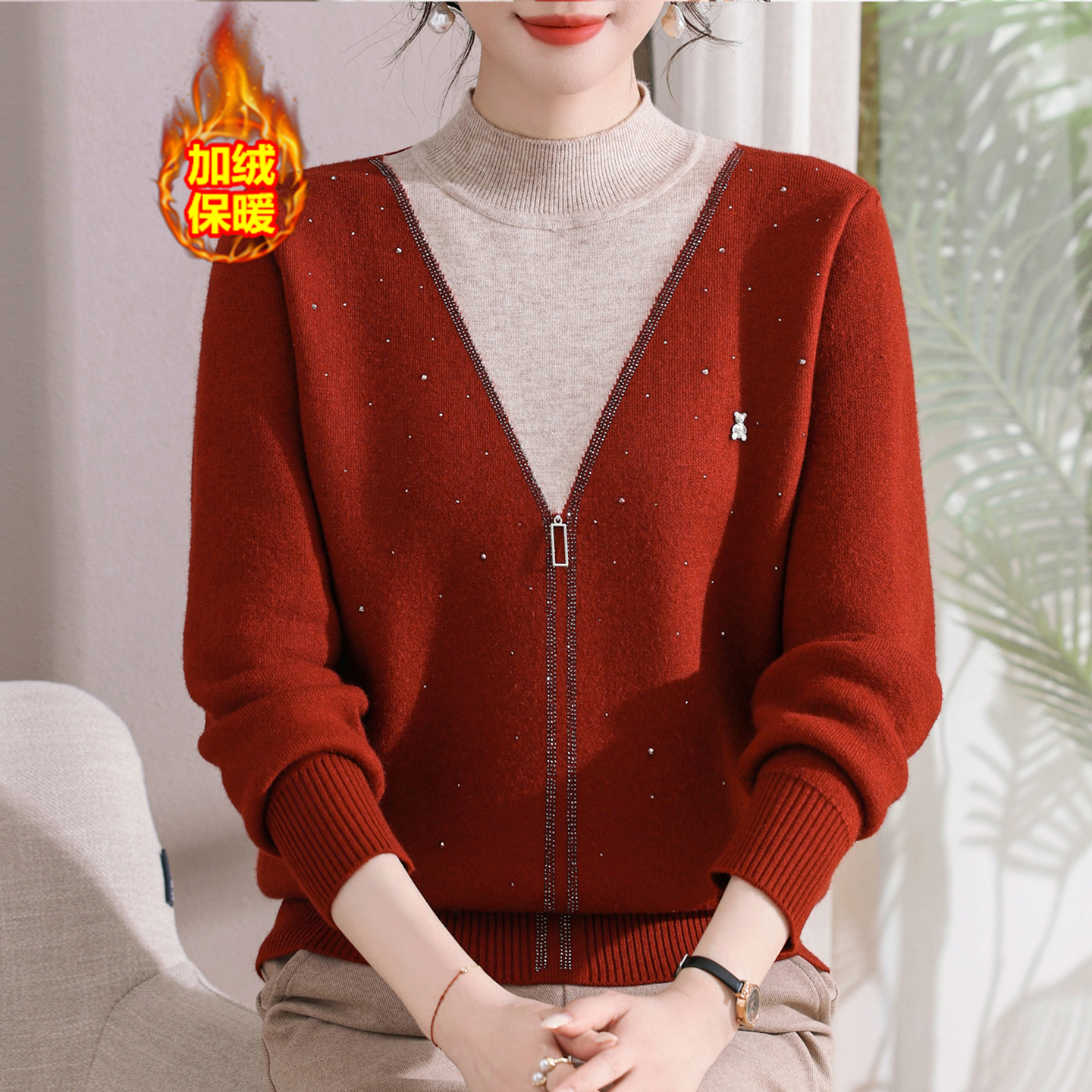 妈妈秋冬装一体绒半高领红色毛衣