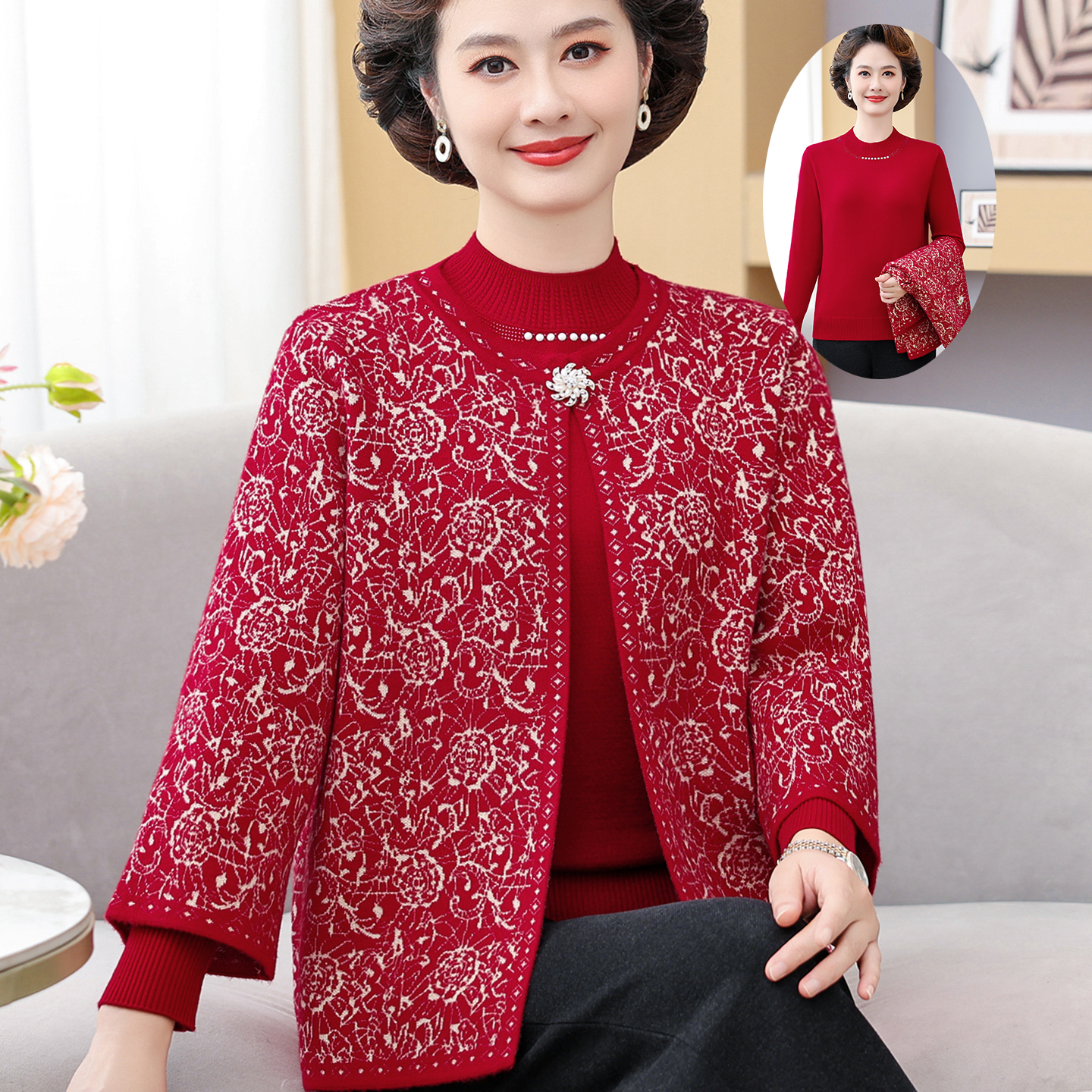 中老年女秋冬提花针织开衫两件套