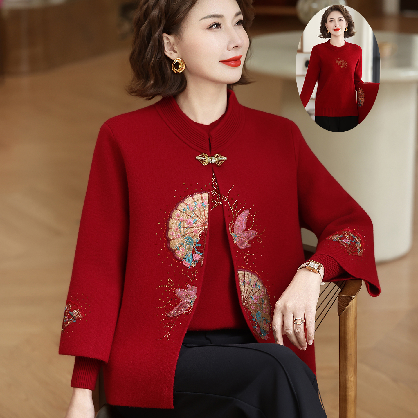 中老年女秋冬洋气毛衣开衫外套装