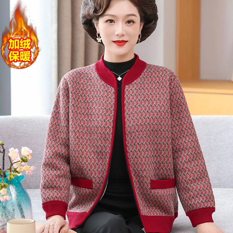 妈妈冬装加绒外套女保暖毛衣开衫