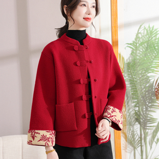 喜婆婆妈妈秋装毛呢短款外套中老年本命年婚礼喜庆红色呢子上衣服