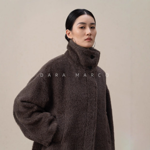 秘鲁进口~L家阿尔巴卡苏力羊驼绒稀缺黑色短款系带大衣女秋冬外套