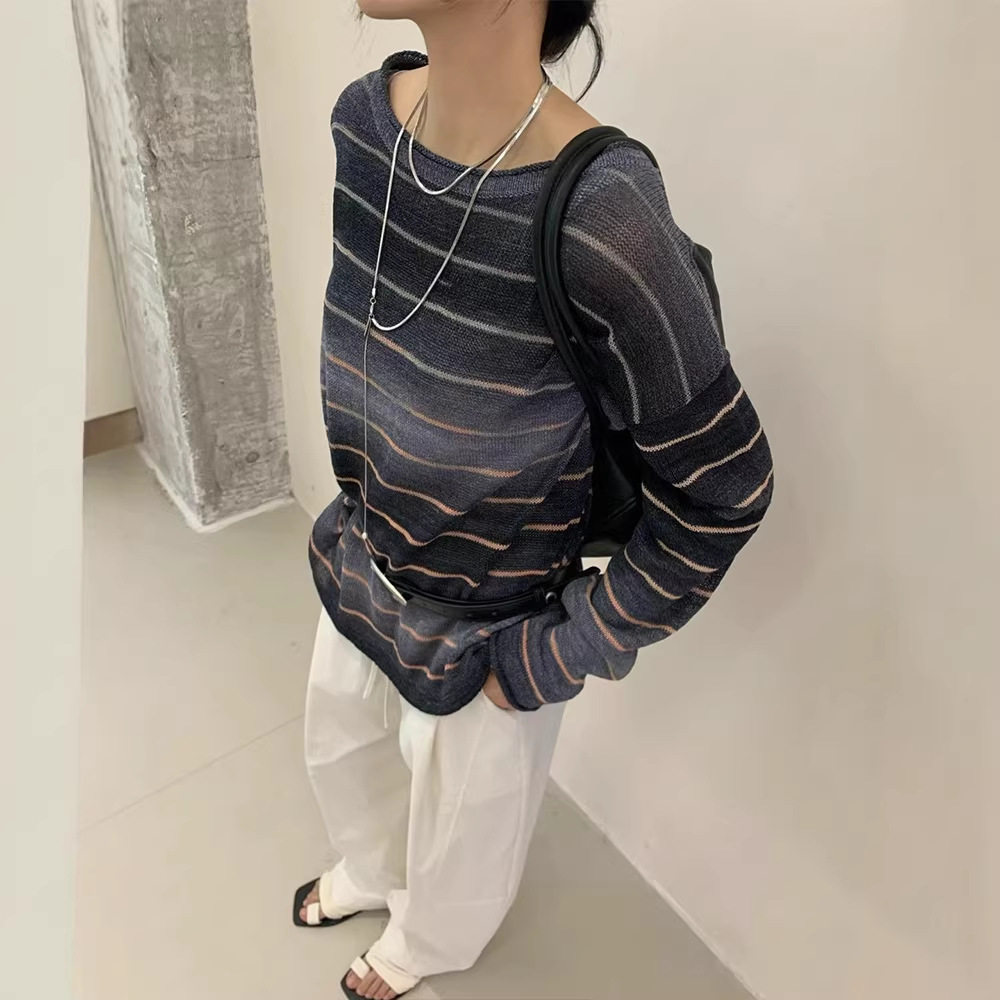 韩系女装渐变色条纹针织衫和纸纱长袖女t恤2026新款时尚春季上衣