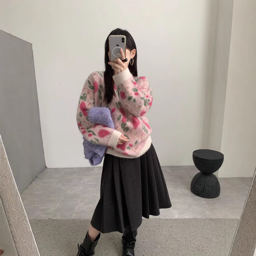 [拉绒系列]100羊毛毛衣女秋冬提花针织衫新款女装减龄套头羊毛衫