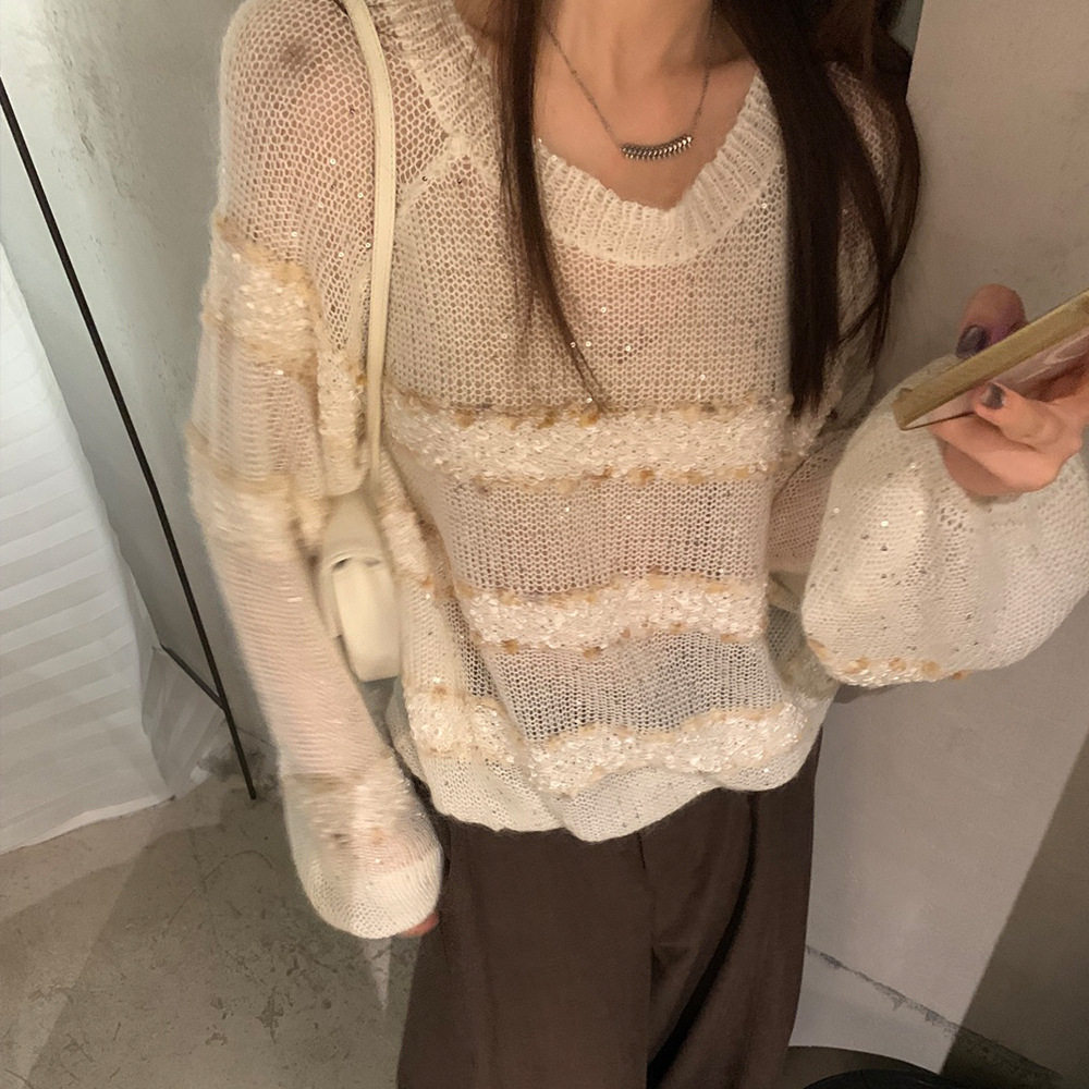 轻奢金丝混纺亮片马海毛毛衣女羊毛针织衫薄款26早秋新款女装上衣