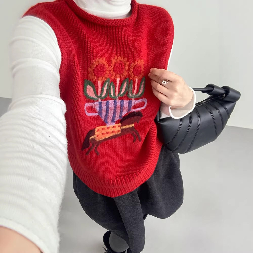 氛围感100羊毛马甲背心女内搭针织衫25新款女装刺绣提花叠穿毛衣