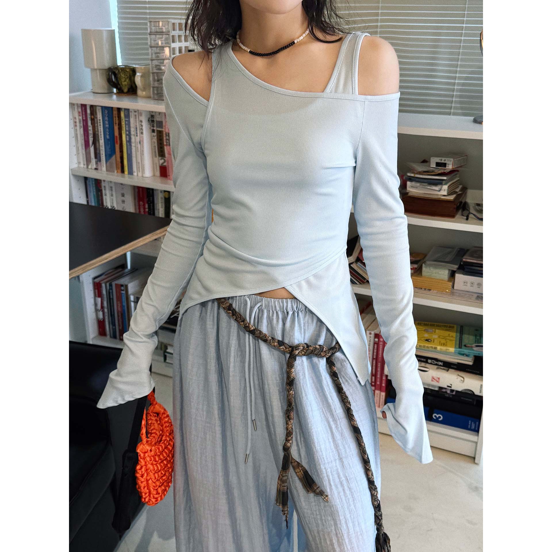 卢浮夏季新款韩系时髦失序感交叉错位真两件T恤不对称美学上衣女