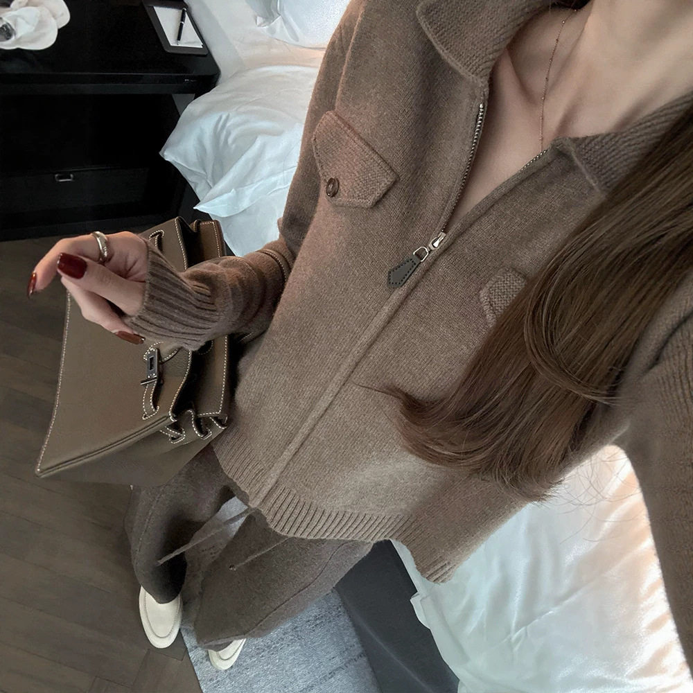 老钱风100羊毛衫翻领拉链羊毛毛衣女秋冬新品双口袋针织开衫外套