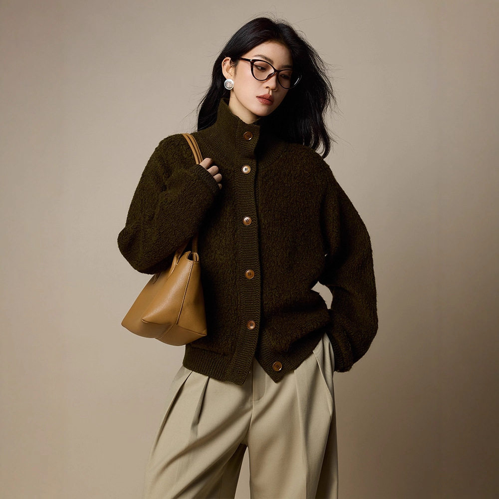 美拉德圈圈纱100羊毛毛衣女秋冬外套26新款女装厚款高领针织开衫
