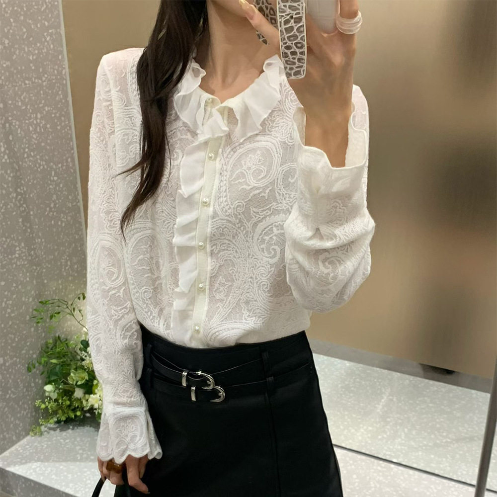文艺复古荷叶边羊毛针织开衫2026秋季新款女装提花圆领毛衣女外套