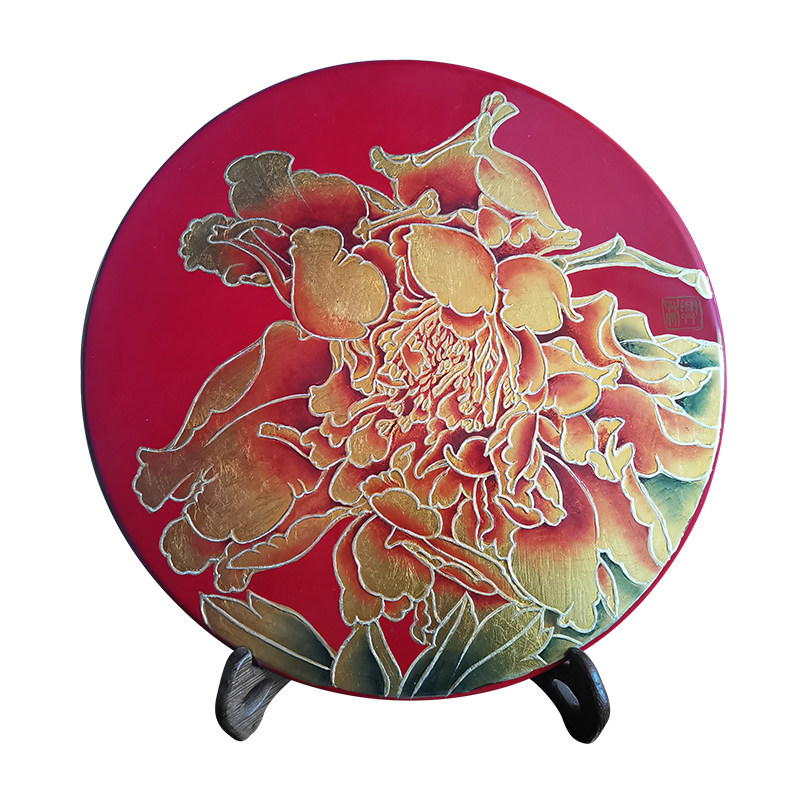 紫艺堂贾兴林先生作品手工彩绘平遥推光漆器大富贵圆盘摆件