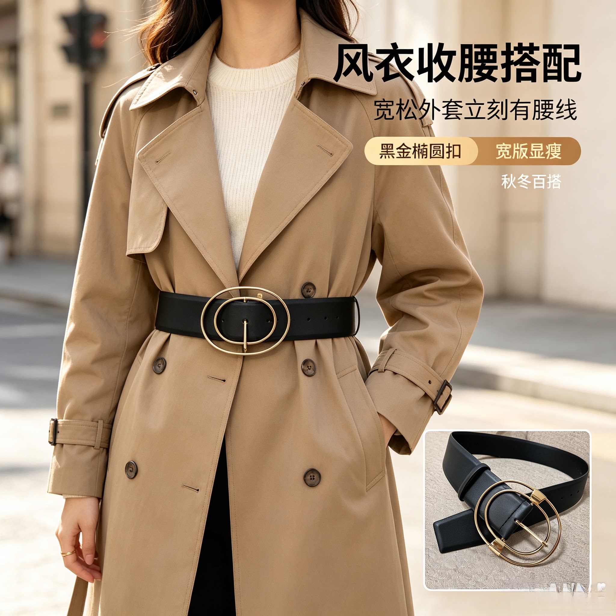 双环椭圆金扣宽腰带女高级感黑色腰封百搭风衣连衣裙收腰装饰皮带