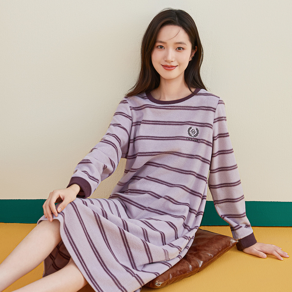 顶瓜瓜睡裙女士秋冬季摇粒绒长袖条纹可外穿家居服睡衣裙子顶呱呱