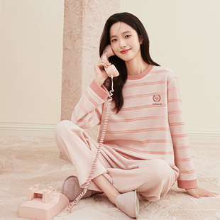 顶瓜瓜睡衣女秋冬长袖摇粒绒条纹可外穿圆领套头保暖家居服顶呱呱