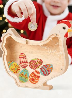 跨境亚马逊Easter piggy bank复活节木质动物造型存钱罐摆件儿童