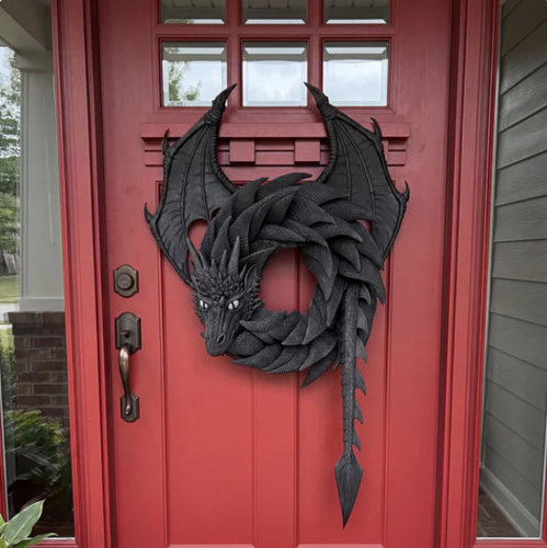 跨境新品Dragon Door Wreath 3D龙形门挂花环万圣节恶龙门牌装饰