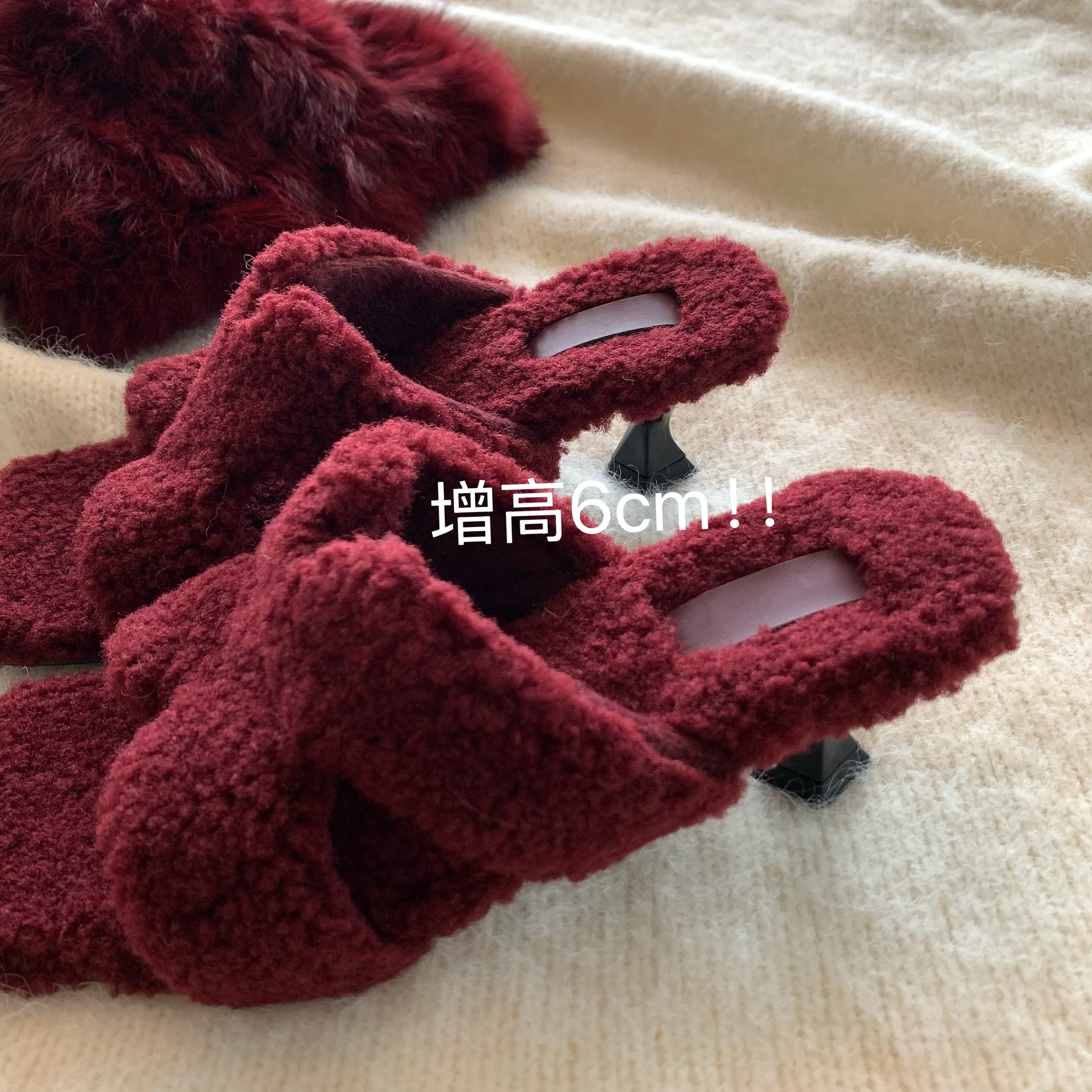 冬季限定出片红!INS显腿长毛毛拖鞋女慵懒风加绒高跟毛拖鞋外穿