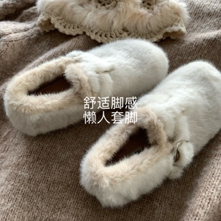 INS冬加绒保暖圆头豆豆棉漂鞋 温柔千金毛毛鞋 法式 女 奶油龙猫