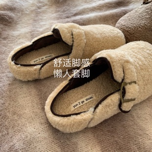 美利奴绵羊~INS三喜款毛毛勃肯鞋女冬加绒保暖棉鞋包头半拖雪地靴