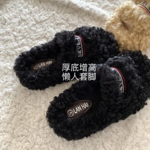 瓦莱黑羊~INS美式复古高街毛毛拖鞋女秋冬oversize外穿慵懒一字拖