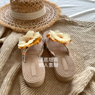 生如夏花~INS大理海边度假定制花朵草编人字拖沙滩度假厚底凉拖鞋