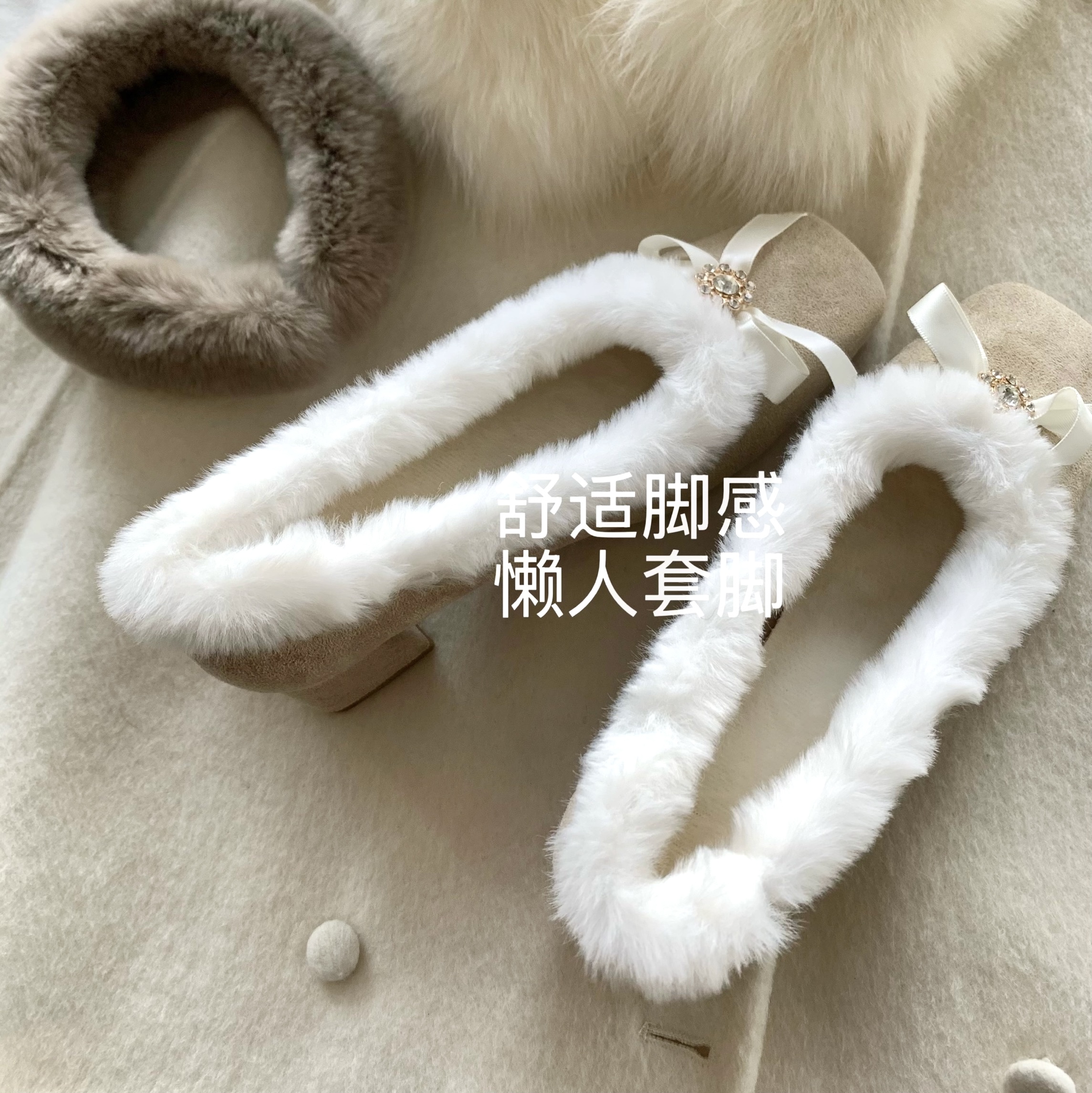 韩国ins冬季高跟蝴蝶结毛毛鞋女