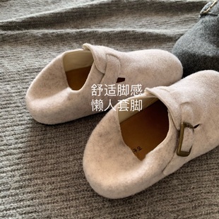 羊脂白玉~INS三喜款温柔毛呢勃肯鞋女秋冬高级感博肯毛毡乐福鞋