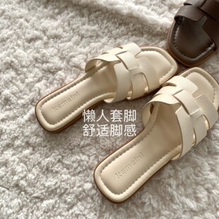 巨舒服！INS复古编织方头度假凉拖鞋女夏外穿沙滩露趾凉鞋一字拖