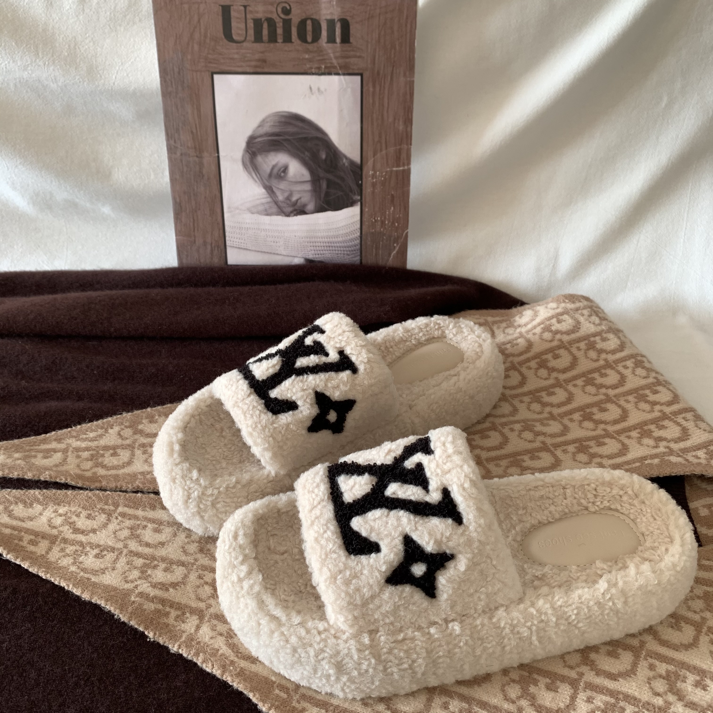 韩版ins毛毛厚底一字拖鞋