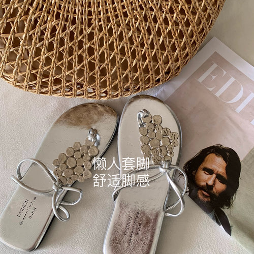 韩版ins平底皮质亮片外穿人字拖