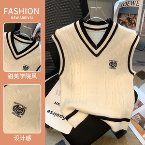 学院风V领针织衫女马甲2023新款春秋季衬衫搭配叠穿无袖毛衣背心