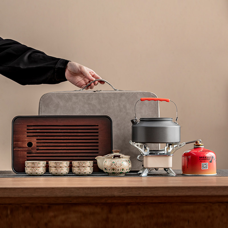 汝窑刺绣牡丹户外便携功夫茶具套装含炉具烧水壶旅行露营煮茶整套,餐饮具,旅行茶具,淘宝优惠券,粉丝福利购,淘宝优惠卷