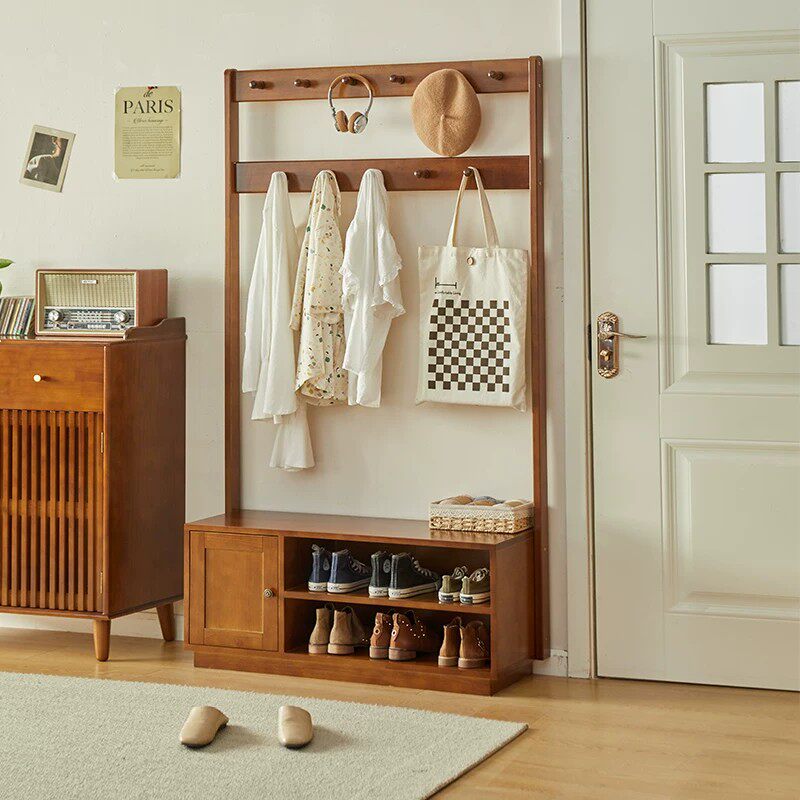 实木鞋架换鞋凳鞋柜带挂衣架一体落地进门家用入户门口玄关衣帽架