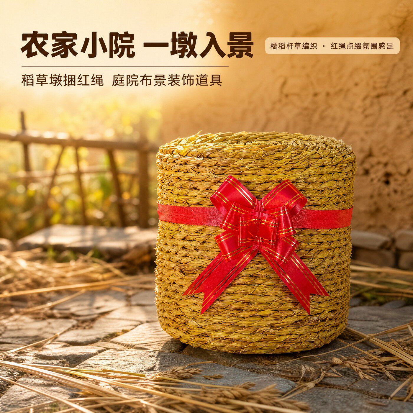 稻草墩捆红绳农家小院装饰摆件